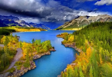 Lovely lakeview - lakeshore, nice, sky, trees, riverbank, water, colorful, greenery, calm, view, river, clouds, lake, mountain, summer, shore, lovely, nature, blue, beautiful, colors