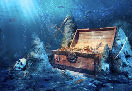 Underwater Treasure - undersea, skull, water, jewels, lost treasure, fantasy, loot, sword, skulls, ocean, pirates, treasure, shipwrecks, treasure chest, under, ocean floor, abstract, sea