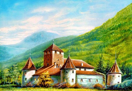 Mountain castle - summer, beautiful, lonely, field, castle, mountain, colorful, greenery, meadow, slope, sky, houses, nice, clouds, lovely, painting, green