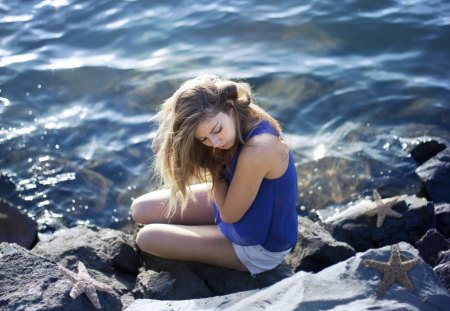 Girl - water, girl, sea, lovely, brunette, rocks