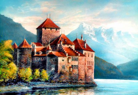 Castle on lakeshore - trees, lonely, tower, beautiful, snowy, sea, reflection, mountain, lakeshore, river, shore, painting, waters, lake, castle