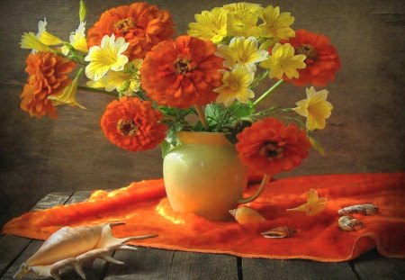 Land and sea - yellow, orange, shells, table, flowers, vase