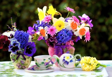 Tea outside - yellow, blue, colors, daffodils, tea, pink, orange, pansies, flowers, white, hyacinth