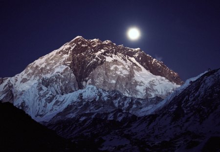 moon over mount nuptse nepal - moon, night, snow, mountian