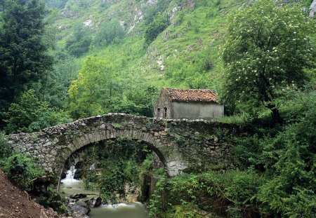 stone bridge and cabin on mountain stream - hut, gorge, mountain, stream, bridge