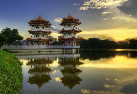 Chinese pagoda - river, sunset, pagoda, architecture, chine, sky