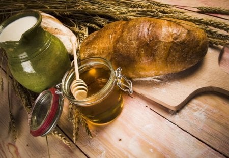 Bread and honey...mmmmm... - honey, jar, milk, bread