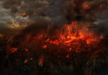 CITY ALIGHT - apocolypse, clouds, artworks, citiescapes, fantasy, destruction, burning, fire, inferno, flames, smoke