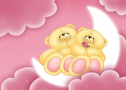 love teddies - moon, pink clouds, teddy bears, flower