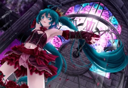 Hatsune Miku - pretty, singing, artistic, fantastic, project diva, twin tail, clock, pink, uniform, stunning, module, nice, program, red rose, romeo and cinderella, hot, thighhighs, beauty, virtual, flower, petals, cg, white, chains, cute, aqua eyes, song, outfit, sexy, panties, vocaloid, anime, blue, amazing, armpit, twintail, cleavage, hatsune miku, microphone, music, aqua, red, ecchi, art, clock tower, idol, anime girl, skirt, beautiful, tower, singer, girl, cool, black, miku, awesome, diva, digital, rose, aqua hair, thigh highs, hatsune, vocaloids