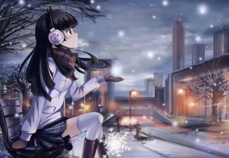 Girl listening to music in the snow - music, anime, winter, listen, girl, snow