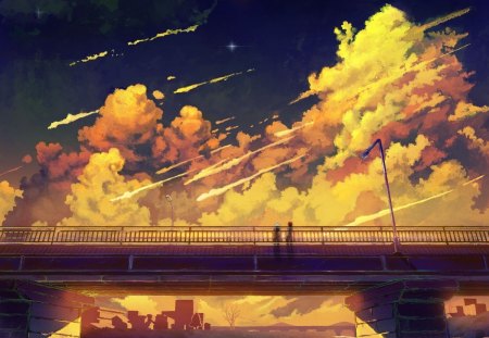 bridge - clouds, bridges, artwork, scenic, stars