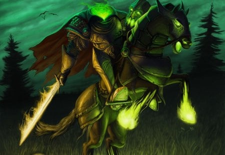 headless - skull, green flames, world, of, horseman, horse, woods, artwork, warcraft, sword, headless, rider, head, birds