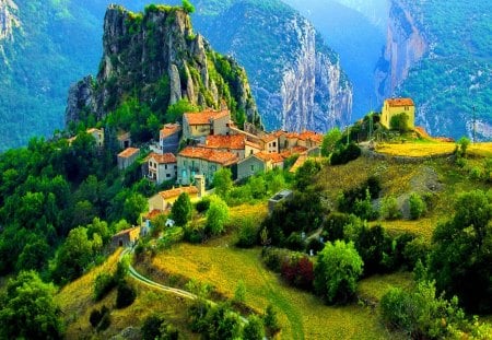 Village in high mountains - cottage, sky, trees, roofs, greenery, path, rocks, amazing, mountainscape, view, green, high, grass, rocky, houses, mountain, summer, lovely, nature, village, town, beautiful