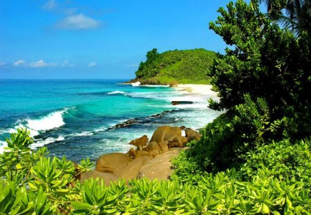 Seychelles - beach, sky, tropics, trees, coast, clouds, emerald, green, sands, ocean, seychelles, tropical, summer, exotic, waves, nature, blue, island, sea