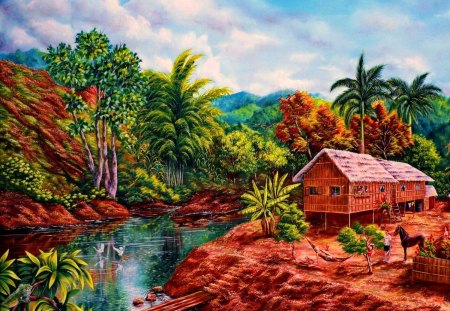 Lovely place for weekends - hut, cottage, animals, riverbank, colorful, stream, countryside, creek, reflection, river, holiday, birds, lake, place, country, weekend, nature, forest, beautiful, rest, stones, waters, cabin, nice, lakeshore, sky, fishing, trees, hammock, peaceful, calm, clouds, house, bridge, bungalow, summer, lovely, horse, red