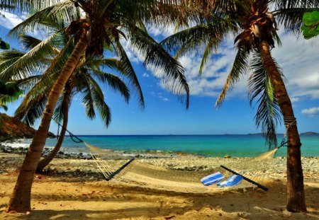 A day for rest - nice, sky, beach, tropics, hammock, water, coast, clouds, relax, sands, ocean, palm trees, shadows, pillows, tropical, shore, place, lovely, palm, exotic, nature, beautiful, rest, sea