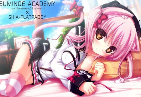 Shia - female, window, tail bow, tail, shia, laying down, pillow, ribbon, pink hair, twin tails, anime girl, hot, thighhighs, blush, cool, bedroom, sweet, school uniform, smile, cute, cat girl, sexy, bow