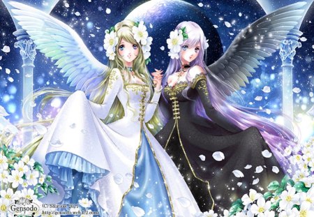 Angel Friendly - female, angel, pillar, holding hand, long hair, flowers, angel friendly, black dress, purple hair, moon, gown, anime girl, cherry blossom, flower hair, hot, friendly, blush, blonde hair, lace, cool, nail polish, petals, angel wings, white dress, smile, web address, wings, sexy