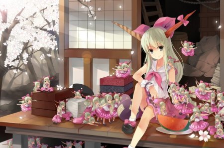 Anime - anime, touhou, sakura, ibuki suika, chibi food, horns