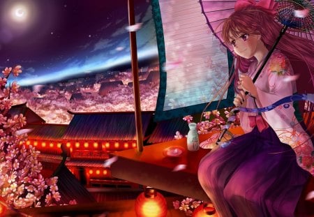 Evening - moon, cherry tree, girl, evening, relaxed