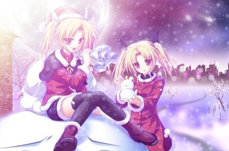 Nina and Rena Geminis - snowman, magus tale, winter, snowflakes, anime girl, white, red, snow, anime, rena geminis, nina geminis