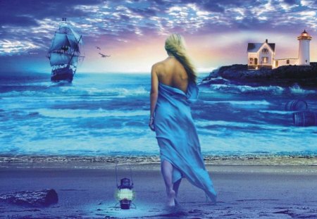 Female ghost - ghost, female, lighthouse, beautiful, splendor, girl, gold, colors, carribean, pirates, secret, grafik art