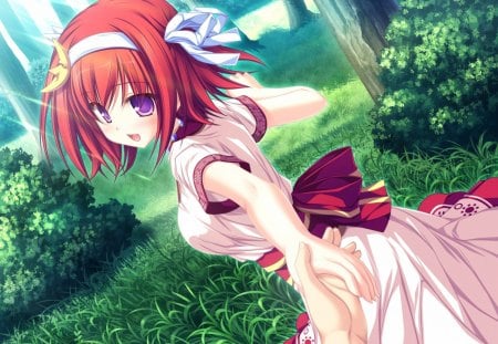 Tsubaki Nazuna - anime, anime girl, suzukaze no melt, tsubaki nazuna, red, green, forest, pink