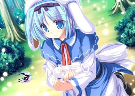 Yuuka Kujou - magus tale, cat, kitty, magic, anime girl, white, forest, blue, green, anime, animal, yuuka kujou