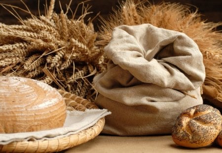 NATURE'S HARVEST - bread, display, food, wheat, grasses, nature, refreshment, wholesome, baskets, sacks