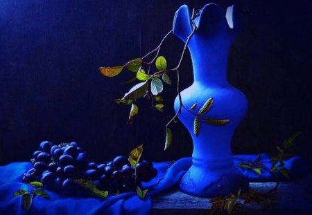 The Deep Blue of Grapes - vase, grapes, blue, photography, fruit, art, still life