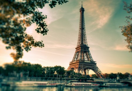 Paris - clouds, France, monument, europe, boat, city, architecture, eiffel tower, tree, boats, river, paris, sky, bridge