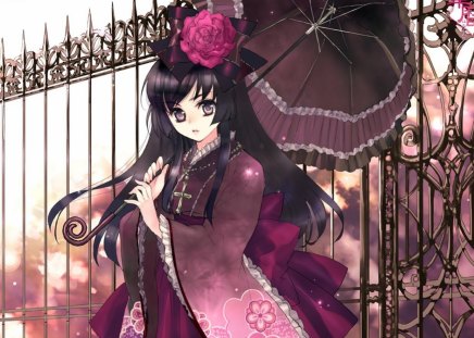 Gothic Loli - girl, umbrella, long hair, gothic, orginal, rose, lolita