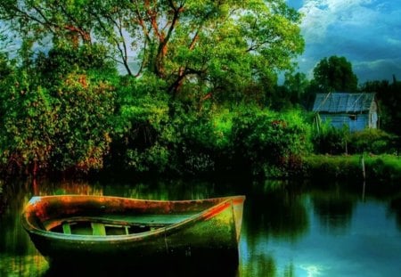 The Old Boat Shed - colorful, run down, fishing, old, boat, lake, shed