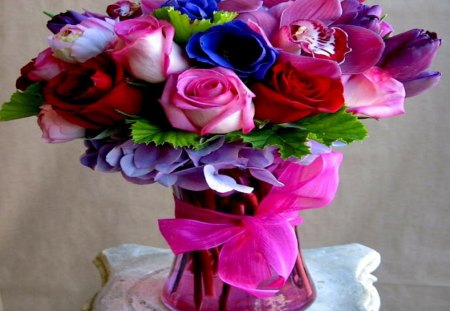 Deep Pink Bouquet - flowers, vase, blue, ribbon, rose, pink