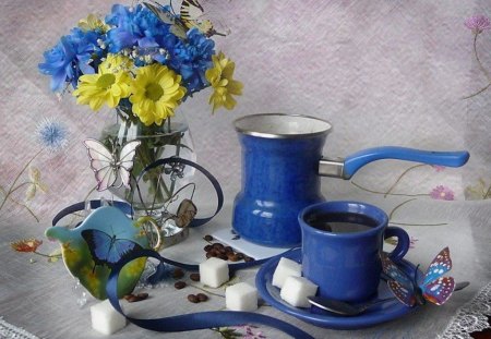 Daisies, Butterflies and Coffee in Blue - sugar cube, coffee, butterfly, yellow, blue, daisy, saucer, cup