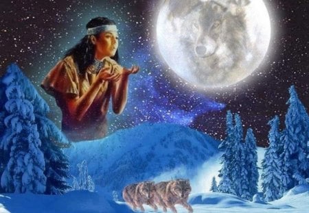 blowing peace - ingian, snowmwolves, moon, female