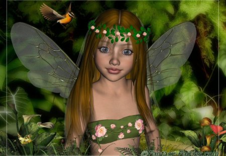 green fairy with bird - leaves, wings, flowers, bird