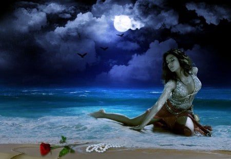 Love Forlorn - pearls, beach, lady, sad, shore, rose, forlorn, lonely, moonlight