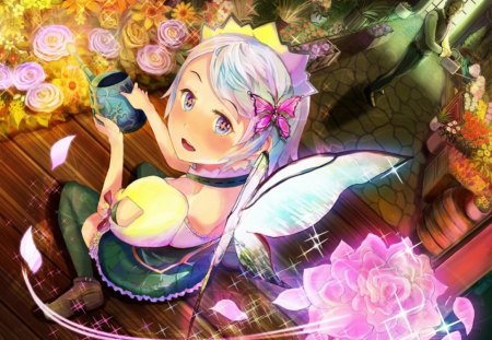 On Butterfly Wings - blushing, anime, anime girl, blush, flower, pink, long hair, flowers, wings, butterfly