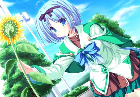  Yuuka Kujou - sunflower, magus tale, sky, anime girl, blue, clouds, green, anime, yuuka kujou, tree, flowers