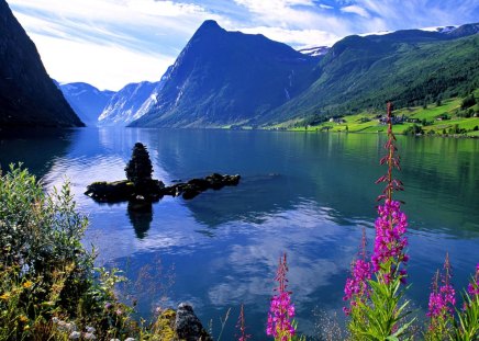 Calm mountain lake - calm, summer, blue, reflection, mountain, flowers, shore, lake, sky, clouds, water, beautiful, mirrored, lakeshore, river, nature, rocks