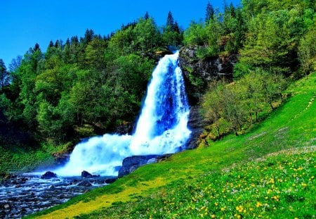 Falling waters in mountain - summer, foam, blue, stream, mountain, flowers, nice, sky, falling, greenery, trees, water, beautiful, slope, lovely, fall, nature, waterfall, green, peaceful