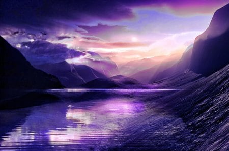 Violet Cove - sky, purple, pink, mountains, sea, cg