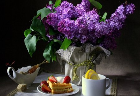 WAFFLES AND MORNING TEA - flowers, strawberries, food, fruit, lilac, tea, still life, lemons