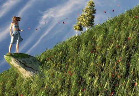 wind - stone, wind, girl, grass, petals, tree, sky