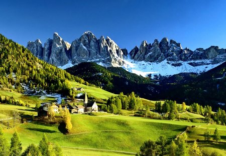 Alpine hotel - nice, cottage, sky, slope, greenery, hotel, mountainscape, clouds, green, grass, high, houses, alpine, mountain, summer, lovely, nature, blue, beautiful, alps, cabin, europe