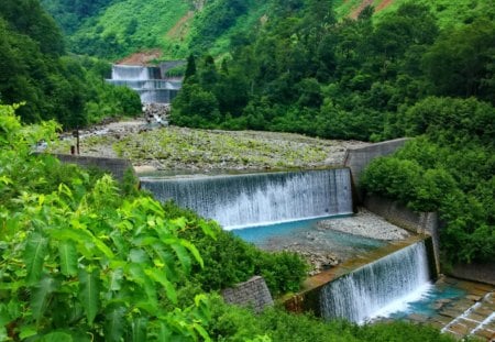 Cascades - slope, greenery, stream, water, waterfall, fall, green, grass, falling, cascades, mountain, park, bushes, nature, forest, beautiful, flowers