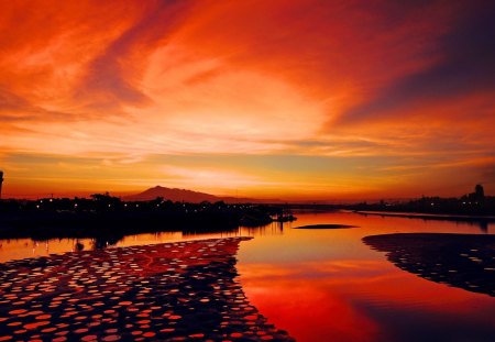 River Sunset - sky, clouds, red, sun, water