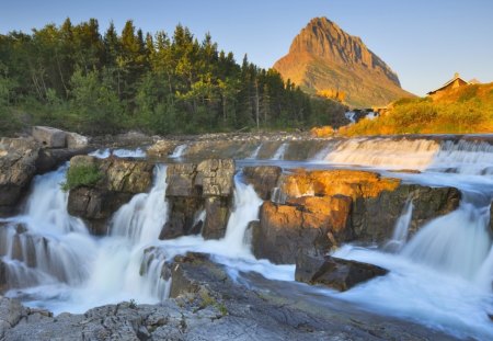 Falling waters - falls, forest, water, mountains, stones